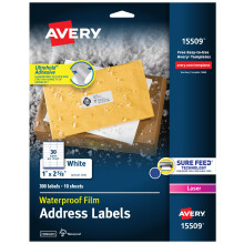 Etiquetas de Dirección Impermeables Avery, 1" x 2-5/8", Adhesivo Ultrahold, 300 Etiquetas