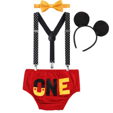 FYMNSI Disfraz para Primer Cumpleaños Niños 4PCS Pantalones Tirantes Pajarita Diadema Rojo 12-18 Meses
