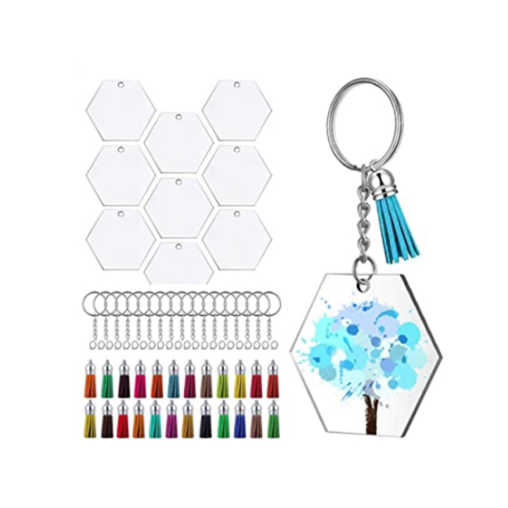 72Pcs Acrylic Transparent Discs Hexagon Keychain Blanks Charms And Tassel Pendants Keyring With Chain For Diy Crafts 6031691729660