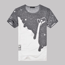 (Grey, XL) Fashion Milk Mens Poured Pattern Printed Short Sleeve Round Novelty Neck Tshirt