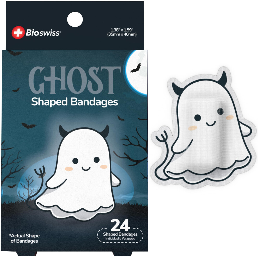 Bioswiss Bandages, Halloween Ghost Shaped Self Adhesive Bandage, Latex Free Sterile Wound Care, Fun First Aid Kit Supplies For Kids, 24 Count