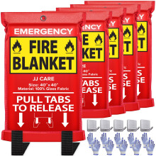 JJ CARE Feuerdecke - 5er Pack mit Haken und Handschuhen - Notfall Feuerdecke für Zuhause & Küche