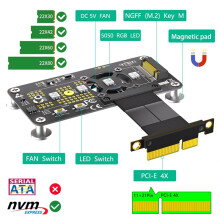 3 in 1 M.2( NGFF) NVME M-Key SSD to PCI-E 4X Extension Cable with Cooling Fan and Automatic Discoloration LED(5cm)