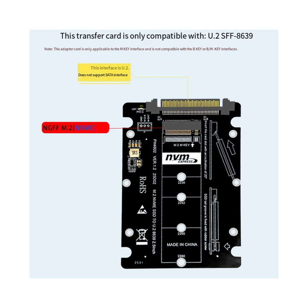 M.2 Nvme To U.2 Adapter Card, M Key Ssd Expansion Pcie4.0 Gen4 For 2230, 2242, 2260, 2280 Sizes 6032483700645