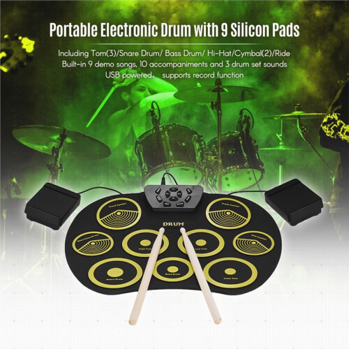 Electronic Drum Set 9 Pads Electronic Drum Set Hand Roll Drum Set Supports DTX Games with Drumsticks Pedals 1