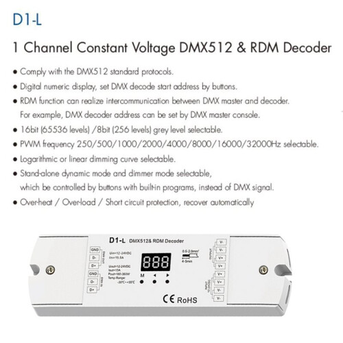DMX512 Decoder D1-L 1 Channel DMX512 RDM Decoder DMX Receiver LED Dimmers with Digital Display Controller 1