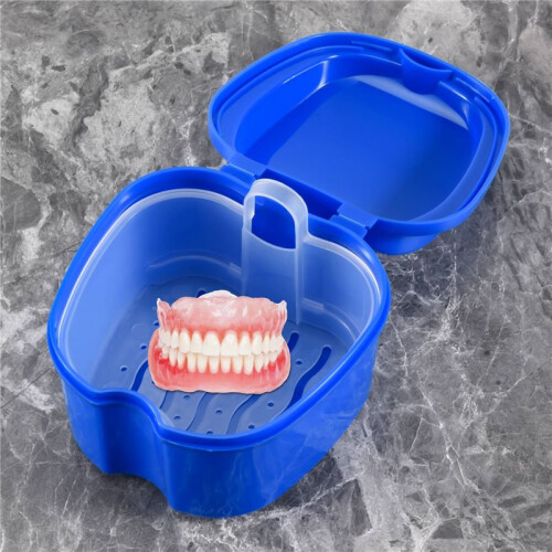 Dark  Denture Case, Denture Cup with Strainer, Denture Bath Box False Teeth Storage Box with Basket Net Container Holder for Travel 2