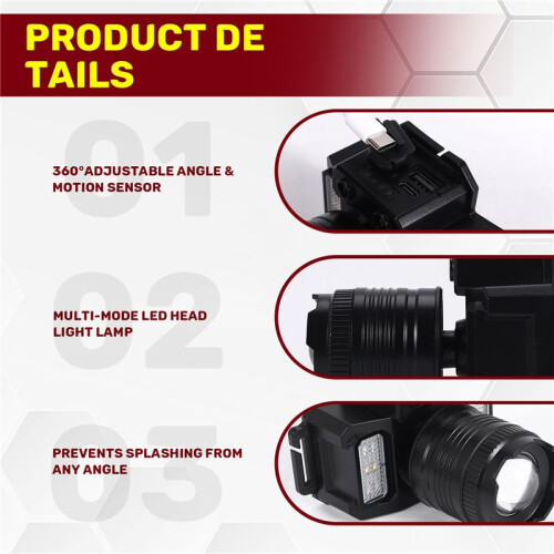 LED  Light Rechargeable  Light for Adults, 360 Adjustable Angle Headlight Flashlight Motion Sensor for Fishing