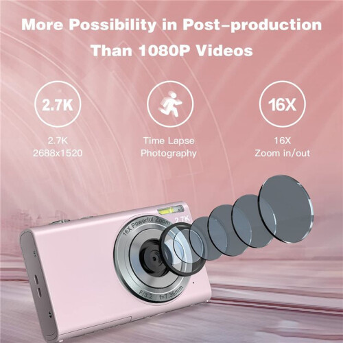 Câmera Digital com Foco AutomáTico, Câmera de Vlog 2,7K 48MP com Câmera Elegante de Tela  de 2,8 Polegadas para Adolescentes-Rosa 1