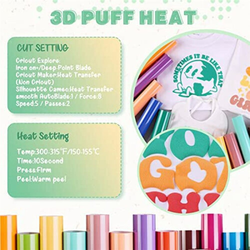 Puff Vinyl Heat Transfer - 18 Folhas 12 X 10 Polegadas 3D Puff HTV Vinil de TransferêNcia de Calor para T-Shirts CompatíVel com DIY 2