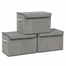 Caixas de armazenamento em tecido conjunto de 3 baús com tampa alças de algodão padrão linho cinza 12_0003634