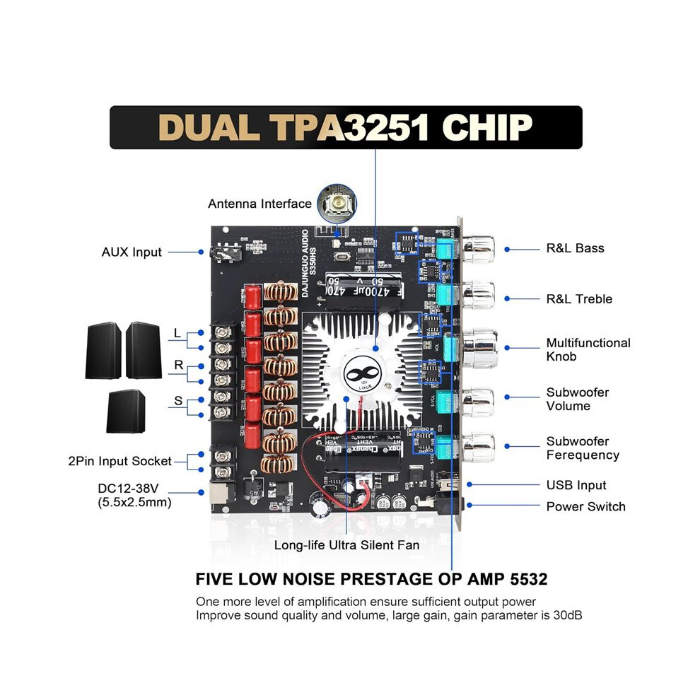 Dajunguo S350hs Tpa3251 Power Amplifier Board With Subwoofer 2.1 Channel 220Wx2+350W, Audio Power Amplifier Module 6134130646532