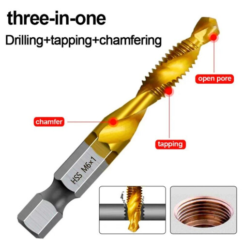 M6x1mm Hex Shank Titanium Plated HSS Screw Thread Metric Tap Drill Bits Screw Machine Compound Tap Open Chamfer Tool 2