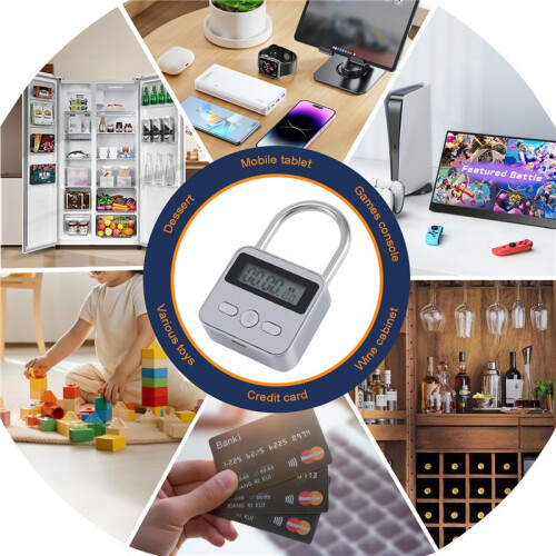 Metall TimerlåS LCD-SkäRm Multifunktion Elektronisk Tid 99 Timmar Max Timing USB Uppladdningsbart Timer HäNglåS, Silver