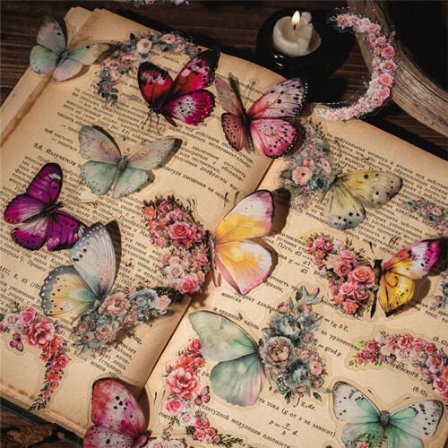 Retro Notebook Decoration Material Stickers DIY Decorative Sticker for Notebook Labels, Red Moon Butterfly 2
