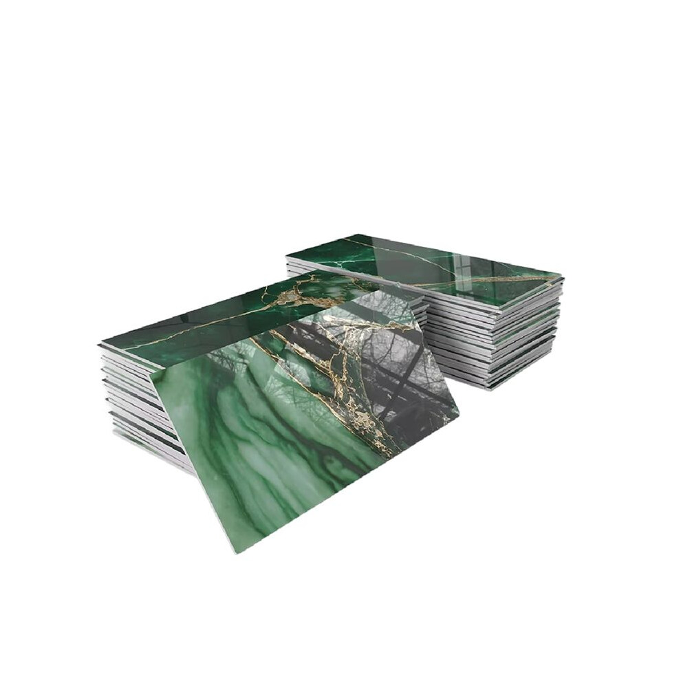16Pcs Thick Pet Glossy Subway Tile Sticker,4In X 8In Peel And Stick Backsplash Wall Tiles,Golden Veined Emerald Marble 4711106273873