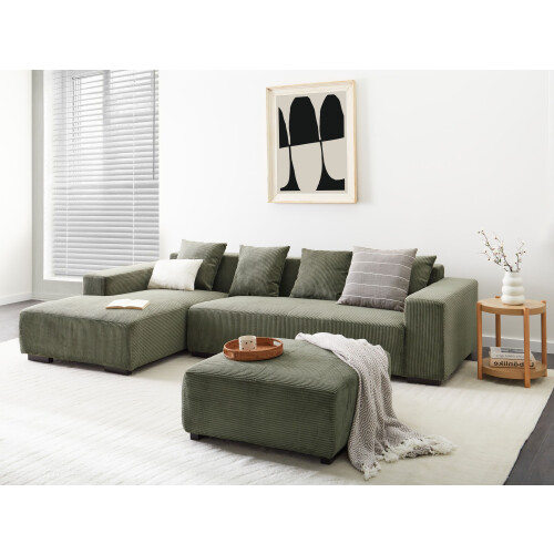 Beliani Corner Sofa LUNGO with Ottoman Corduroy Green Right Hand 1
