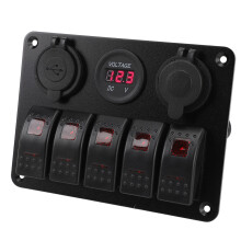 Panel de interruptores impermeable de 12V-24V DC, 5 interruptores, de aleación de aluminio, con USB y voltímetro