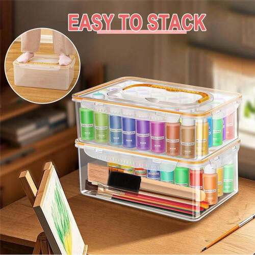 Acrylic Paint Storage Box for 2 Fl. Oz Acrylic Paints, 48 Bottles Capacity, Brushes  Organizer with Handle 1
