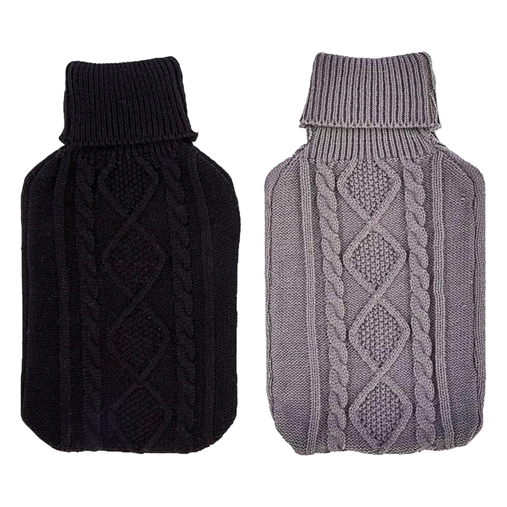 K Collection Unisex Black Cable Knit 2L Hot Water Bottle & Cover In - Image 2