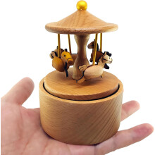 Mini Carousel Music Box, Palm Sized Carousel Music Box, Small Wooden Mechanical Music Box,for Friend(Brown)