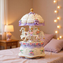 Carousel Music Box,Luxury Color Change LED Light Music Box,Luminous Rotating 3-Horse Musical Box(Purple)