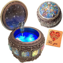 Vintage Music Box with Constellations Rotating Goddess LED Lights Twinkling Resin Carved Mechanism(Brown)