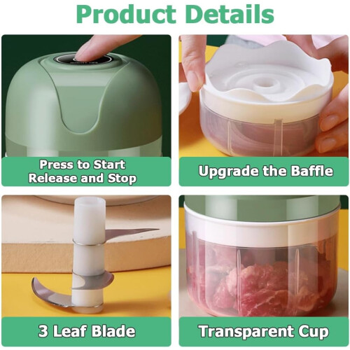 Electric Garlic Chopper,250ML 3-Leaf Blade Portable Small Food Processor with USB Charging(Green) 1