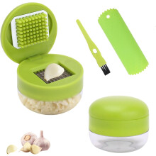 2 Pcs Garlic Press Set, Stainless Steel Garlics Crusher with Silicone Peeler and Cleaner Brush(Green)