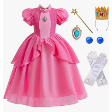 (3-4 Years) Princess Peach Costume For Girls, Super Mario Bros Kids Princess Peach Dress Ball Gown Halloween Cosplay Dress Up