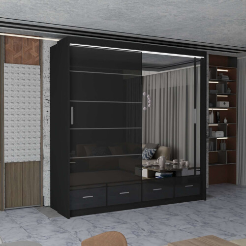 Modern Sliding Wardrobe with Mirror Doors and Storage 208cm Black
