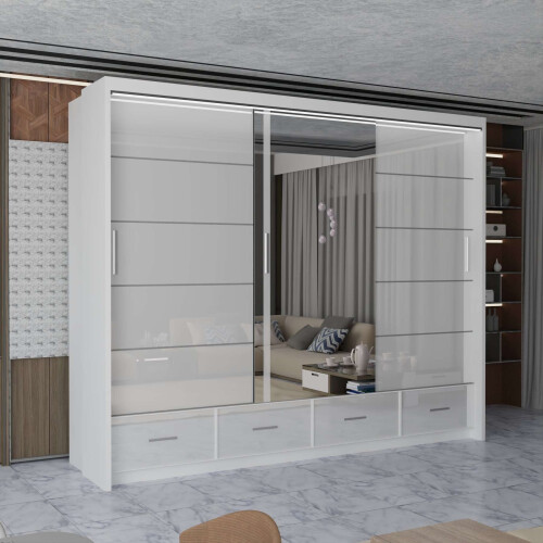 Modern Mirror Door Sliding Wardrobe 255cm White