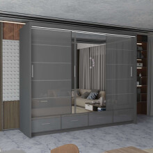 (Grey, 255cm) Charlie High Gloss Sliding Wardrobe