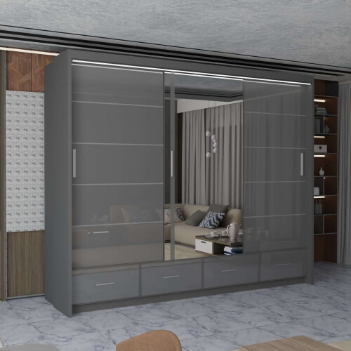(Grey, 255cm) Charlie High Gloss Sliding Wardrobe