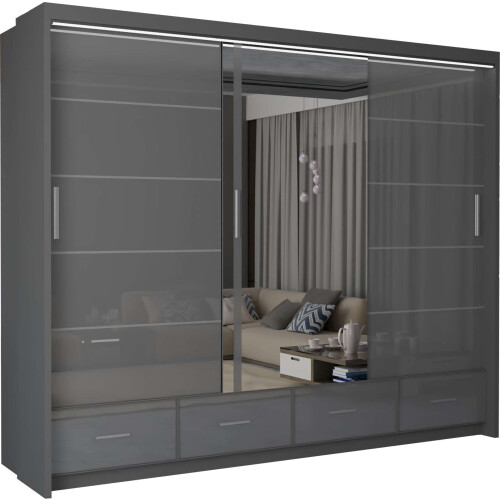 (Grey, 255cm) Charlie High Gloss Sliding Wardrobe 1
