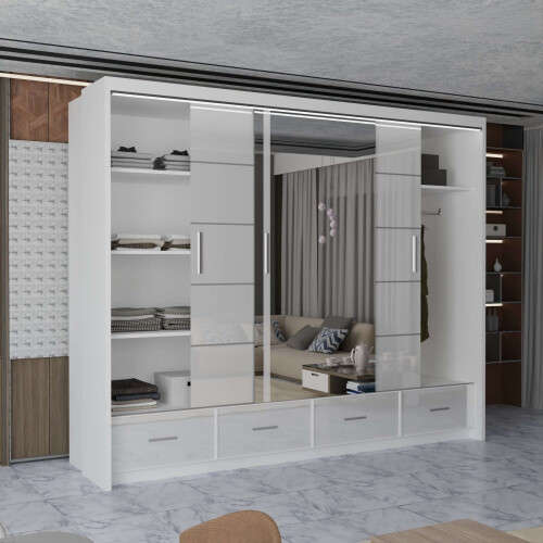 Modern Mirror Door Sliding Wardrobe 255cm White 2