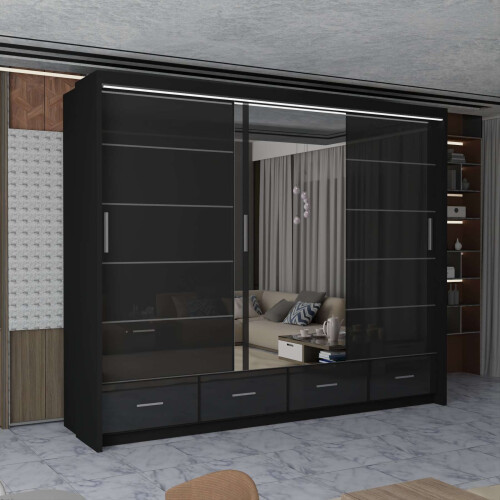 Modern Mirror Door Sliding Wardrobe 255cm Black