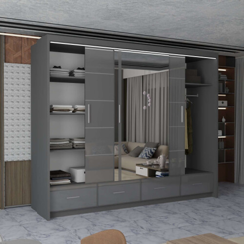 (Grey, 255cm) Charlie High Gloss Sliding Wardrobe 2