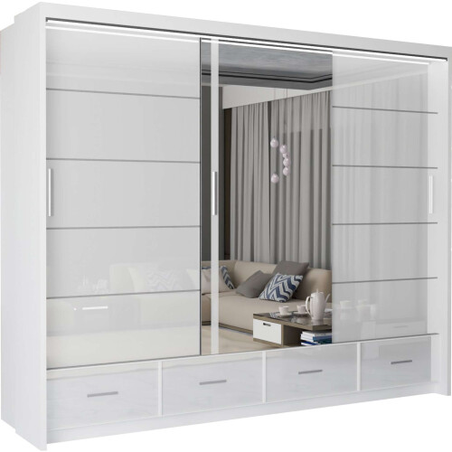 Modern Mirror Door Sliding Wardrobe 255cm White 1
