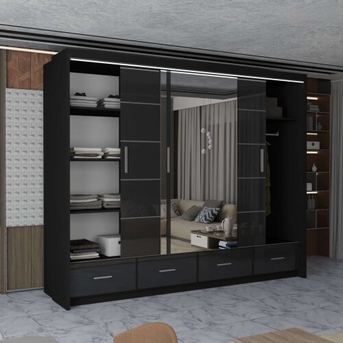 Modern Mirror Door Sliding Wardrobe 255cm Black 2