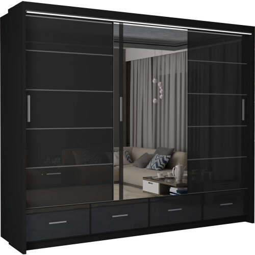 Modern Mirror Door Sliding Wardrobe 255cm Black 1