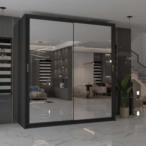MN Furniture ( Black,150 cm) Modern  Sliding Door Wardrobe with Mirror
