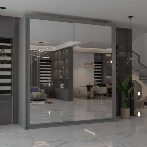MN Furniture (Grey,180cm) Modern Sliding Door Wardrobe with Mirror