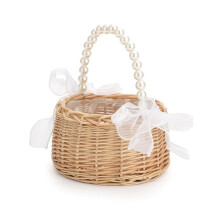 Cesta de Mimbre para Niña de Flores para Bodas, Cesta de Flores de Ratán, Cesta de Niña de Flores Hecha A Mano con Asa y Cinta