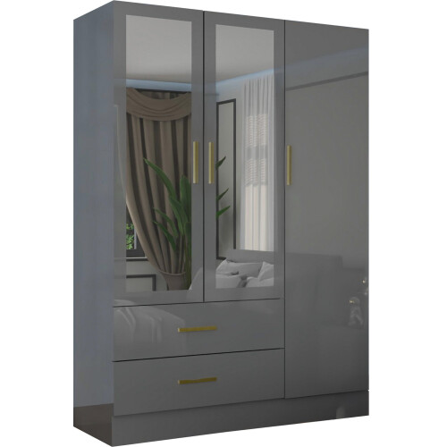 (Grey, 116cm) 3 Door High Gloss Wardrobe 1