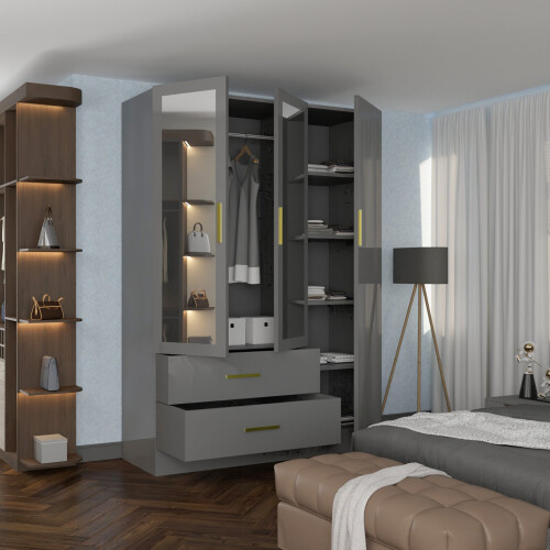 (Grey, 116cm) 3 Door High Gloss Wardrobe 2