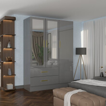 (Grey, 116cm) 3 Door High Gloss Wardrobe