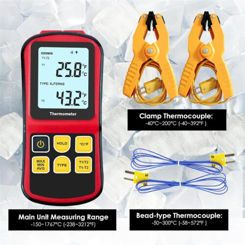 Termoelement Termometer Digital K-Typ Termometer, med 2 Temperaturklämmor 2 Trådbundna Termoelementsonder 2