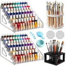 Paint Organizer Set 2 PCS 7-Layer Paint Storage Organizer & 2 Brush Holder with Palette & Water Dish for Storage Holder