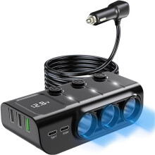 8-in-One Car Charger - 3 Socket 12V/24V Adapter, QC3.0+PD36W Dual USB, LED Voltmeter, 3.3FT Cable Car Accessories